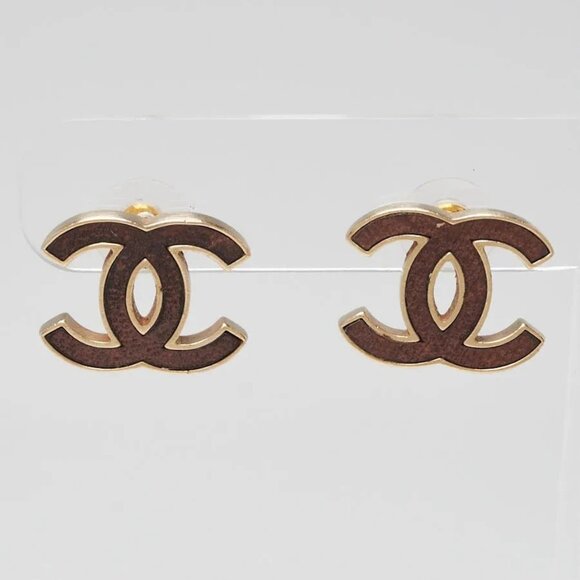 Chanel Goldtone Metal Leather CC Stud Earrings - Picture 1 of 3